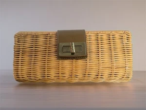 Borsa pochette J.Crew paglia vimini rattan tortora brevetto tono oro chiusura girevole - Foto 1 di 17