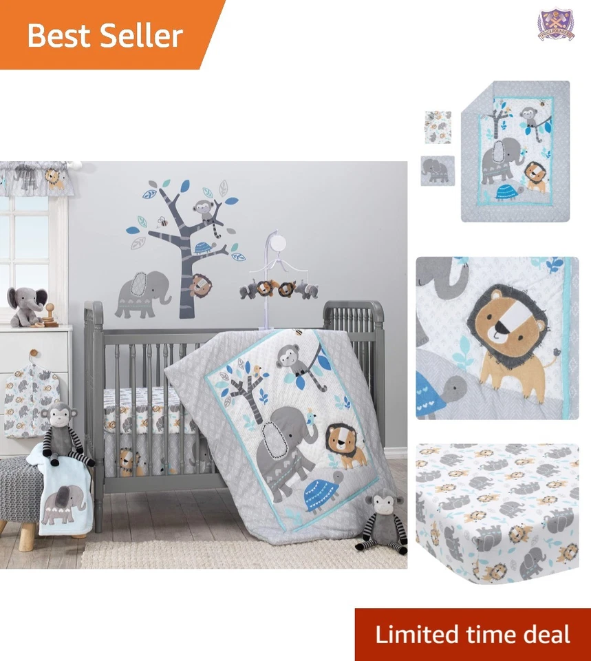 Juego de cama para cuna de bebé Jungle algodón poliéster 3 piezas elefante león mono Foto 1 de 4