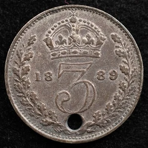 Great Britain 3 Pence 1889, Coin, Silver, Hole Damage, Inv#F302 - Picture 1 of 2