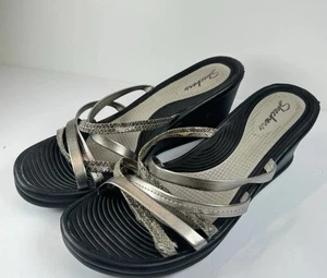 Skechers Cali Rumblers Strappy Wedge Slide Sandals Women’s 10 Black/Silver Trim - Picture 1 of 15