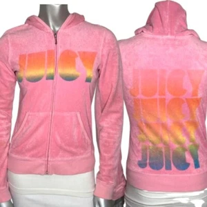 Vintage 2000s Y2K Juicy Couture Pink Terry Cloth Rainbow Logo Print Hoodie S - Picture 1 of 11