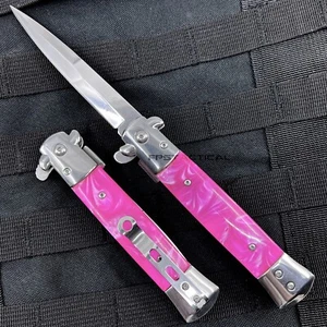 Falcon Mirror / Chrome with Pink Pearlex Spring Assisted Stiletto Knife 3.75" - Picture 1 of 2