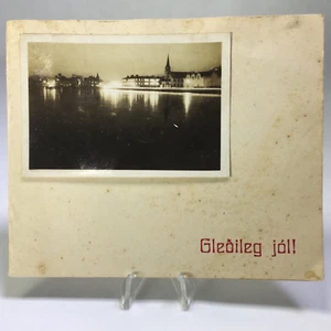 Tarjeta fotográfica de vacaciones de Navidad de Gleðileg Jól de la iglesia gratuita en Reikiavik Islandia década de 1940 - Imagen 1 de 8