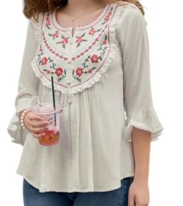 LILY & LALI top Women Large White Tunic Embroidered Boho Cottage Bohemian Flower - Picture 1 of 8