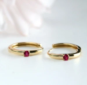 Solid 10k Yellow Gold Ruby Huggie Hoops - Picture 1 of 1