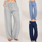 Womens Summer Linen Trousers Loose Solid Color Casual Wide Leg Pants with Pocket