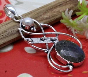 925 Sterling Silver Labradorite & Pearl Gemstone Handmade Jewelry Pendant Size-2 - Bild 1 von 7