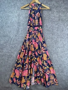 Jaase Maxi Dress Women Medium Bold Floral Smocked Crochet Festival Front Slit - Picture 1 of 8