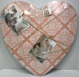 French Bulletin Board 18”Photo Memo Board Coral Heart Wood Burlap Clothespin NWT - Picture 1 of 6