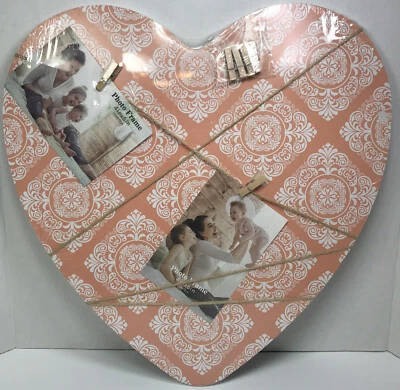 French Bulletin Board 18”Photo Memo Board Coral Heart Wood Burlap Clothespin NWT - Image 1 of 4