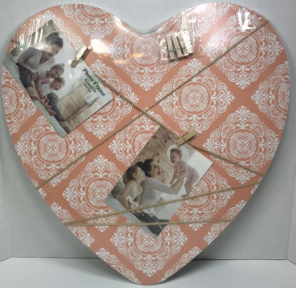 French Bulletin Board 18”Photo Memo Board Coral Heart Wood Burlap Clothespin NWT - Image 1 of 4