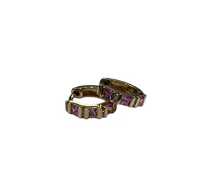 9ct 9k Yellow Gold Pink Rose Quartz And Diamond Huggie Hoop Earrings. Brand New - Picture 1 of 7