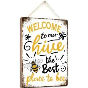 WELCOME TO OUR HIVE WOODEN WALL ART GARDEN SHED GARAGE HANGING SIGN PLAQUE - Picture 1 of 11