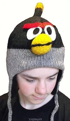 Beanie Fly Hat Black Bird Winter Ski Hand Knit 100% Wool Polyfleece Lined Nepal  - image 1 of 4