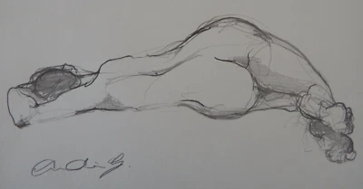 Original hand drawn reclining female nude pencil life drawing expressive study - Image 1 of 4