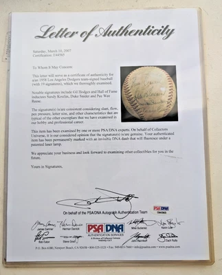 1958 Dodgers Team-Signed Baseball (19) Sandy Koufax, Duke Snider, w Certificate! - Image 1 of 4