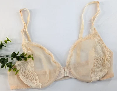 💋Sutiã Victoria's Secret VTG renda creme com aro 34B fecho frontal transparente nupcial - Imagem 1 de 4
