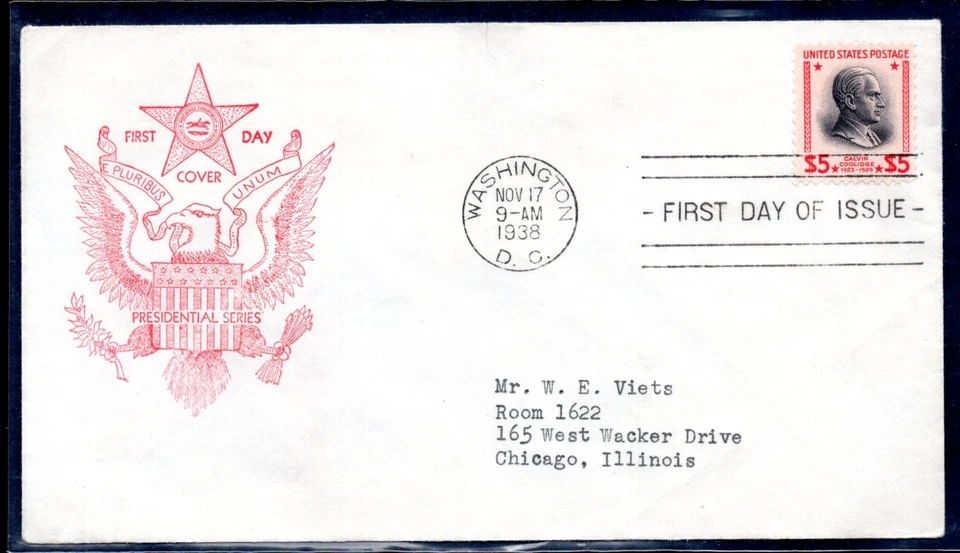 US 1938 SCOTT #834 $5.00 CALVIN COOLIDGE ON FIRST DAY COVER WITH CACHET - Image 1 of 2