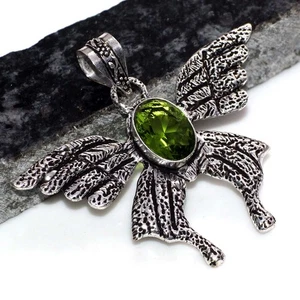 925 Silver Plated Flying Fox Bat Peridot Pendant Jewelry Size 2" GW - Picture 1 of 3