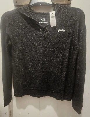 Justice Girls Long Sleeve Hooded Lace Front Top Black Lightweight sz 14-16 - Image 1 of 3