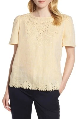 Top de lino Nordstrom Signature L17745 amarillo bordado ojales talla pequeña Foto 1 de 2