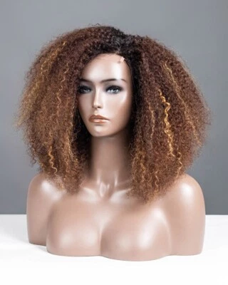 Afro Curly Brown Mixed Blonde Wig 100% Human Hair Short 4x4 Lace Front Wigs - Image 1 of 4