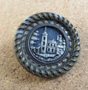 Large Antique/Vintage Metal Shank Scene Button Castle Mansion Building 35mm B25 - Picture 1 of 7