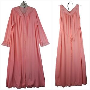 Shadowline Womens Pink Night Gown Robe 2 Pc Set Floral Lace Trim Size Medium