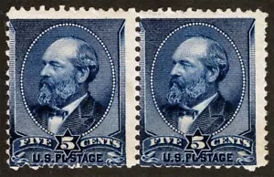 US Sc 216 Indigo 5¢ 1888 p.12 Mint Never Hinged Original Gum Horizontal Pair - Picture 1 of 1