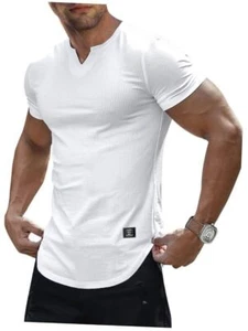 Mens Muscle Slim T Shirt V-Neck Longline Henley Shirt Gym Large 0 White - Picture 1 of 7