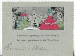 VTG CHRISTMAS ART DECO CARD 5x3.75 Lady in Big Red Dress Gent Walking to Church - Picture 1 of 2