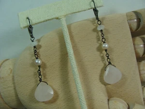 Vtg Oxidized Sterling Silver Briolette Pink Quartz Crystal Pearl Long Earrings - Picture 1 of 18