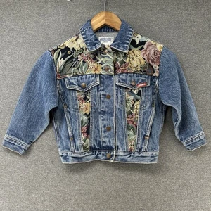 Vintage 80-90s Jordache Denim Jacket Kids Medium 5 Floral Floral Tapestry Panels - Picture 1 of 12