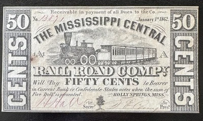 1862 50c The Mississippi Central Rail Road Co - MISSISSIPPI Note w/ TRAIN - Image 1 of 4
