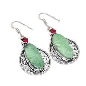 Ruby Zosite, Garnet Gemstone 925 Sterling Silver Jewelry Earring 2.17" - Picture 1 of 5