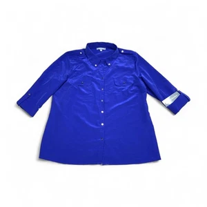 NY Collection Blouse Women's XL Navy Blue 3/4 Sleeve Roll Tab Button Down NWT - Picture 1 of 8