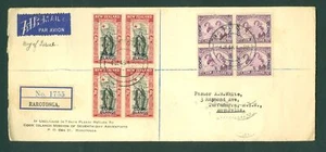Cook Islands. FDC. 1946. Reg. Rarotonga. 2 x 4 Block. Overprint Sc# 147-149. - Picture 1 of 2