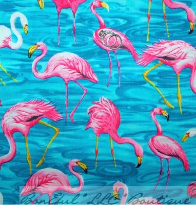 BonEful Fabric FQ Cotton Aqua Blue Water Pink Flamingo Bird Florida Ocean Flower - Image 1 of 4