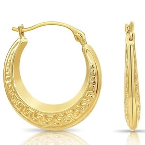 14K Real Solid Yellow Gold Greek Key Curved Round Creole Hoop Earrings 16MM 18MM - Picture 1 of 11
