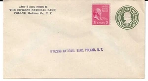 U.S. - Scott's #U421 and 806 unmailed cover to Citizens National Bank, Poland,NY - Picture 1 of 1