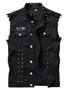 Men's Punk Denim Vest Sleeveless Jean Jackets With Rivets US L Black - Picture 1 of 4