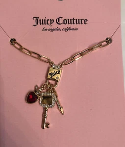 Juicy Couture Gold Tone Paper Clip Necklace With Lock Key,Heart & Arrow Charms - Picture 1 of 12