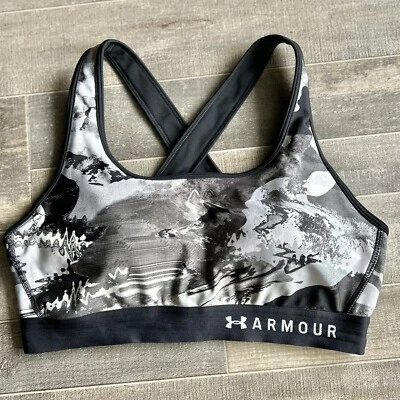 Sujetador deportivo Under Armour gris/negro estampado de mármol/camuflaje espalda cruzada para mujer talla XL Foto 1 de 4