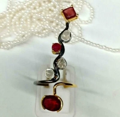 Garnet & Polki Diamond Full Finger Ring Solid 925 Silver Bold Ring Birthday Gift - Image 1 of 4