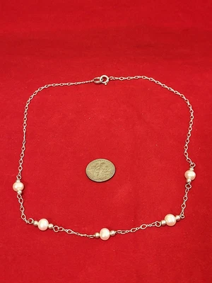 Pretty Sterling Silver (925) Necklace with Faux Pearls on 16.5" Dainty Chain - Image 1 of 4