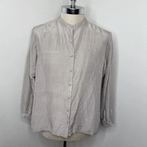 Eileen Fisher L Silk Blouse Beige Button Tunic Top Shirt Long Sleeve Side Slit - Picture 1 of 7