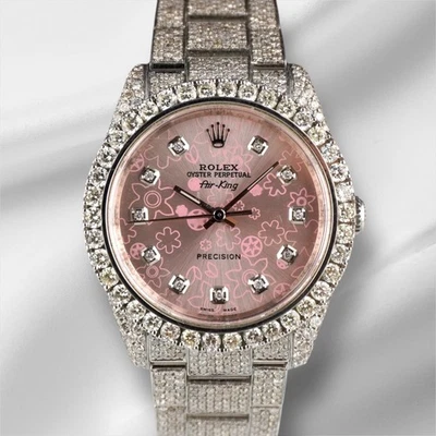 Rolex 34 mm Airking Iced Out 15ct diamantes rosa esfera floral reloj de acero 114200 Foto 1 de 4