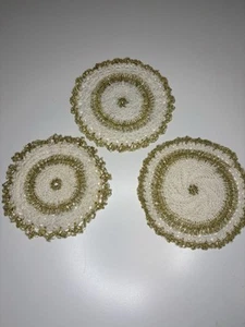 Vintage White & Gold Wire Handmade Round Crochet Dining Table Doilies - Lot of 3 - Picture 1 of 3