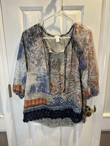 Chicos Gr. 1 (Med) 3/4 Arm Top Boho gehäkelt Bauern High Low - Bild 1 von 7