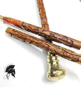 Bastone da passeggio vintage fantasia intagliato a mano canna in legno manico ottone vittoriano - Foto 1 di 8